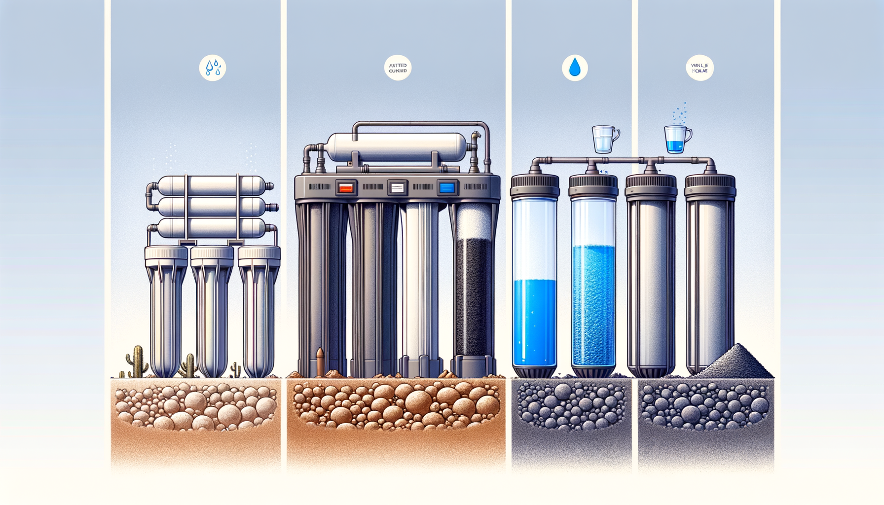 A side-by-side comparison graphic of three water filtration systems effective in Nevada—reverse osmosis, activated carbon, and whole-house—no text or branding.