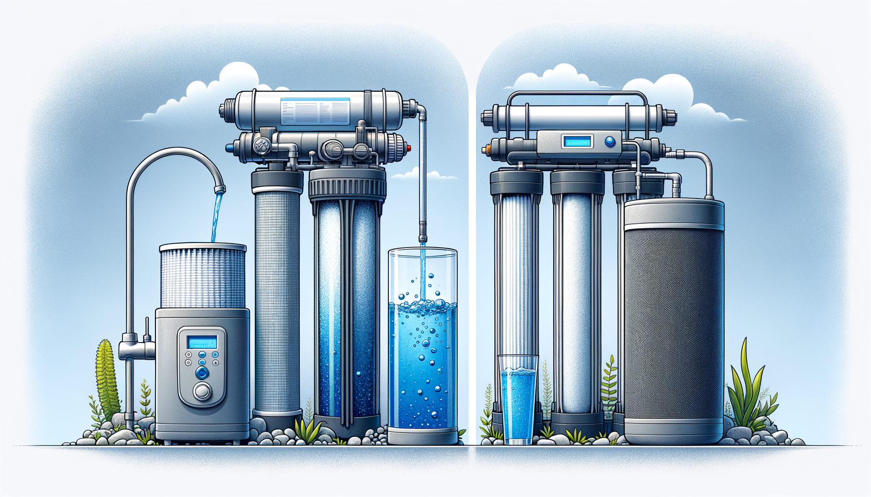 A side-by-side comparison graphic of three water filtration systems effective in Georgia—reverse osmosis, activated carbon, and whole-house—no text or branding.