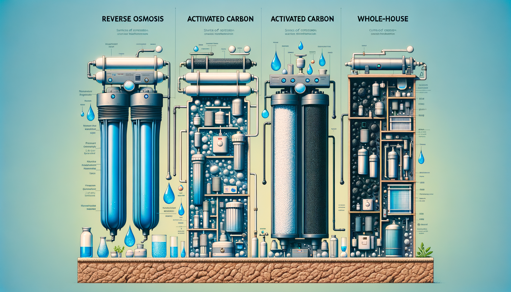 A side-by-side comparison graphic of three water filtration systems effective in Ohio—reverse osmosis, activated carbon, and whole-house—no text or branding.