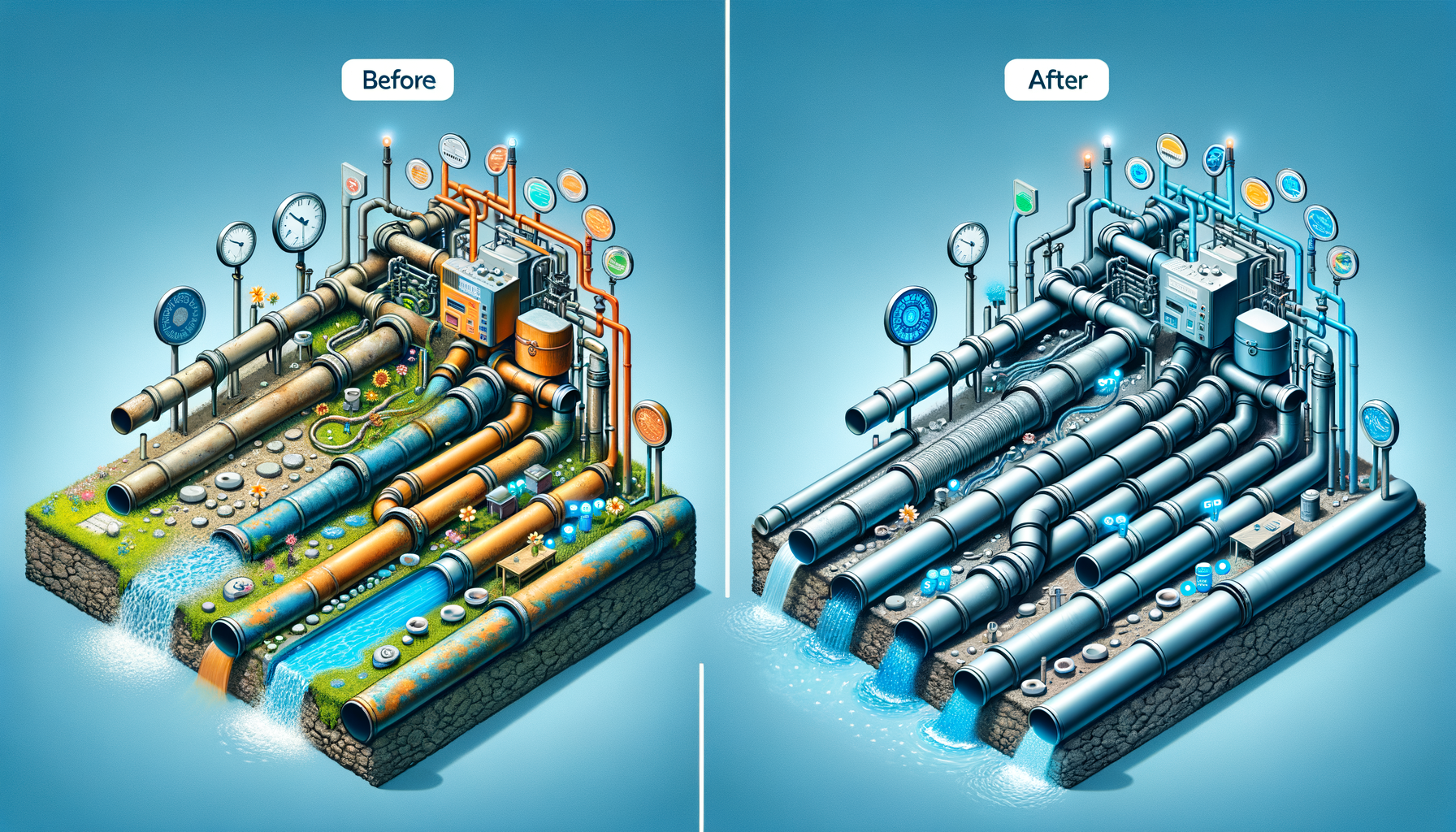 A before-and-after photo sequence of water infrastructure upgrades in New Hampshire, highlighting improvements in water quality, no text overlays.