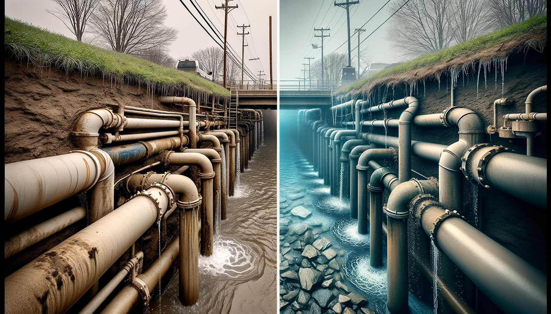 A before-and-after photo sequence of water infrastructure upgrades in Kentucky, highlighting improvements in water quality, no text overlays.