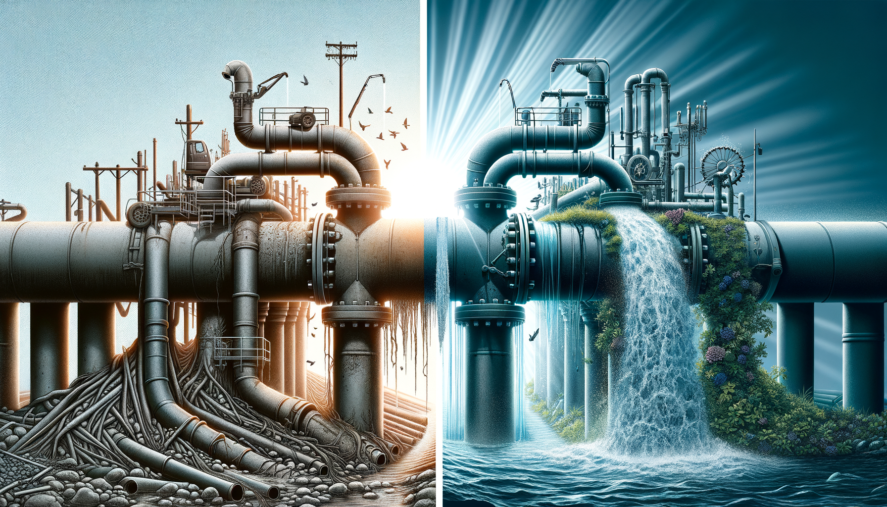 A before-and-after photo sequence of water infrastructure upgrades in Oregon, highlighting improvements in water quality, no text overlays.