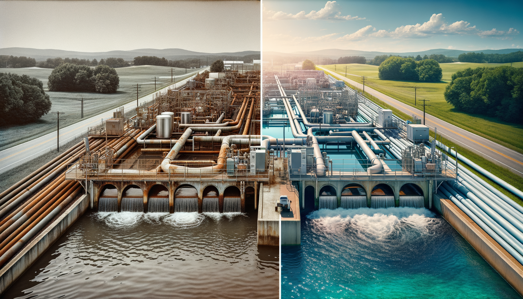 A before-and-after photo sequence of water infrastructure upgrades in Arkansas, highlighting improvements in water quality, no text overlays.