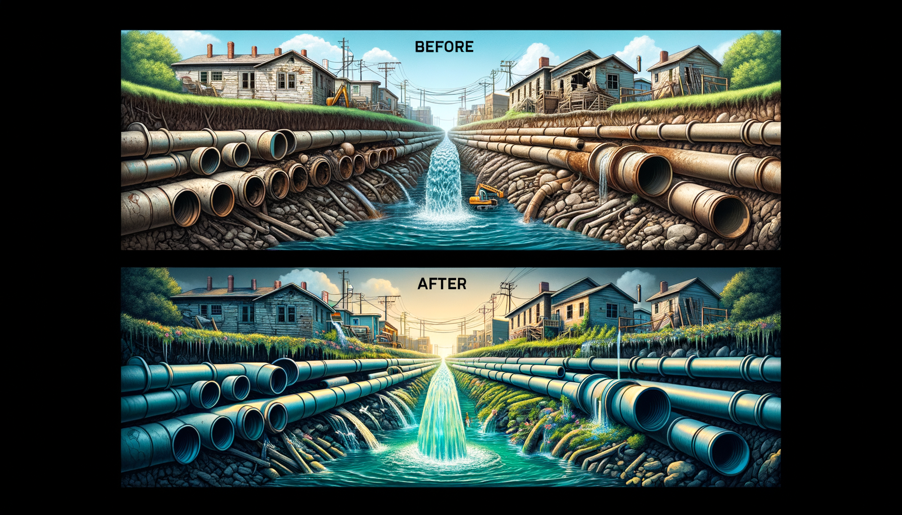 A before-and-after photo sequence of water infrastructure upgrades in Alabama, highlighting improvements in water quality, no text overlays.