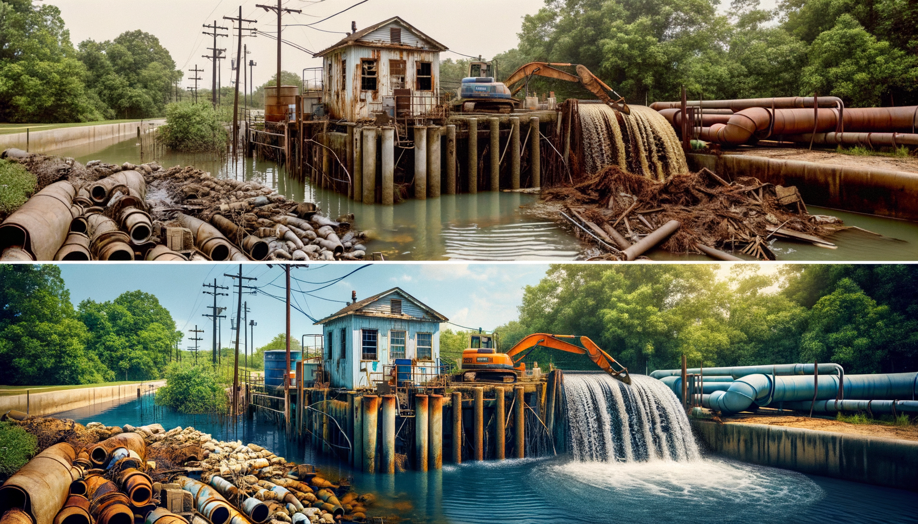 A before-and-after photo sequence of water infrastructure upgrades in Mississippi, highlighting improvements in water quality, no text overlays.