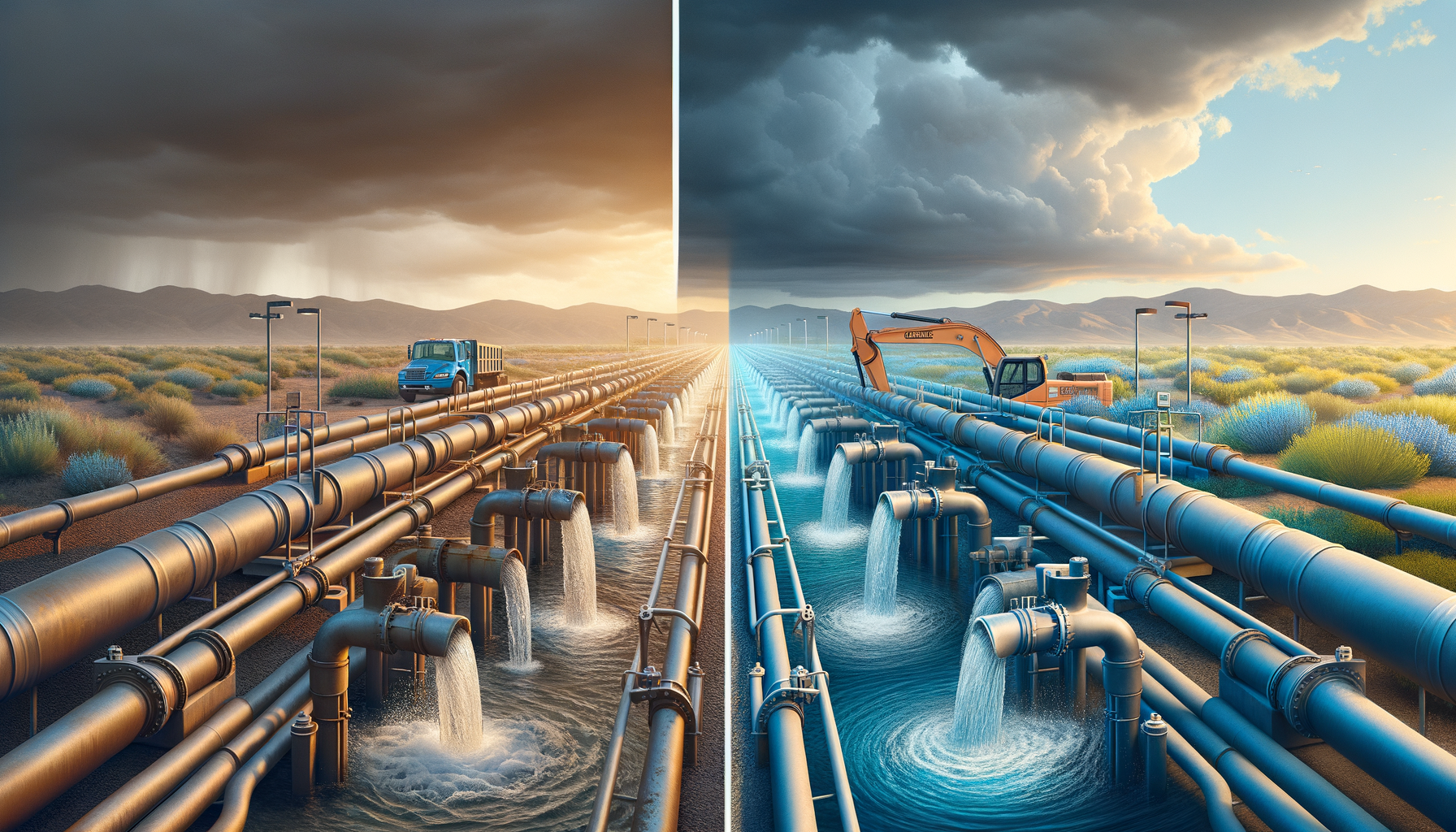 A before-and-after photo sequence of water infrastructure upgrades in New Mexico, highlighting improvements in water quality, no text overlays.