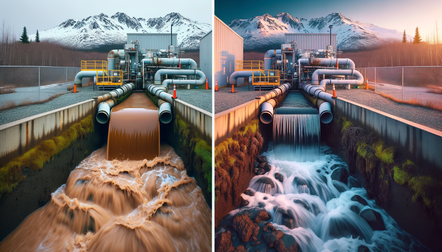 A before-and-after photo sequence of water infrastructure upgrades in Alaska, highlighting improvements in water quality, no text overlays.