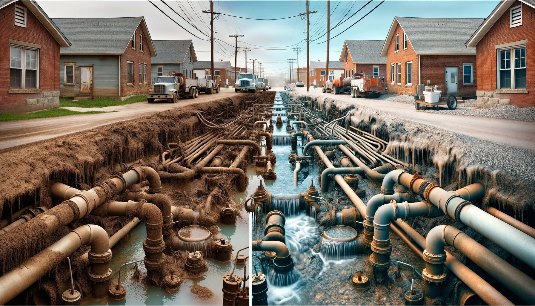 A before-and-after photo sequence of water infrastructure upgrades in Missouri, highlighting improvements in water quality, no text overlays.