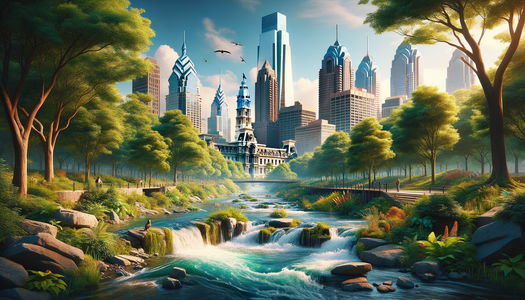 A hyper-realistic, 4K cinematic photograph of the key water features and natural landscapes in Philadelphia. Vibrant, sharp focus, no text overlays or signage.