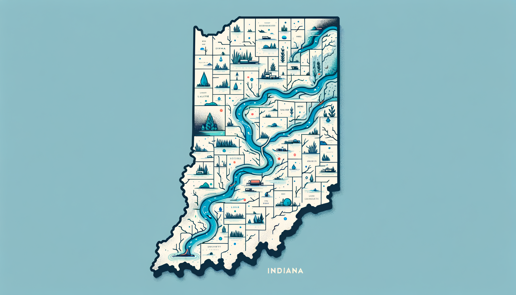 A clean, modern, text-free infographic map of Indiana, highlighting major water sources and regions with water quality concerns. No text overlays.