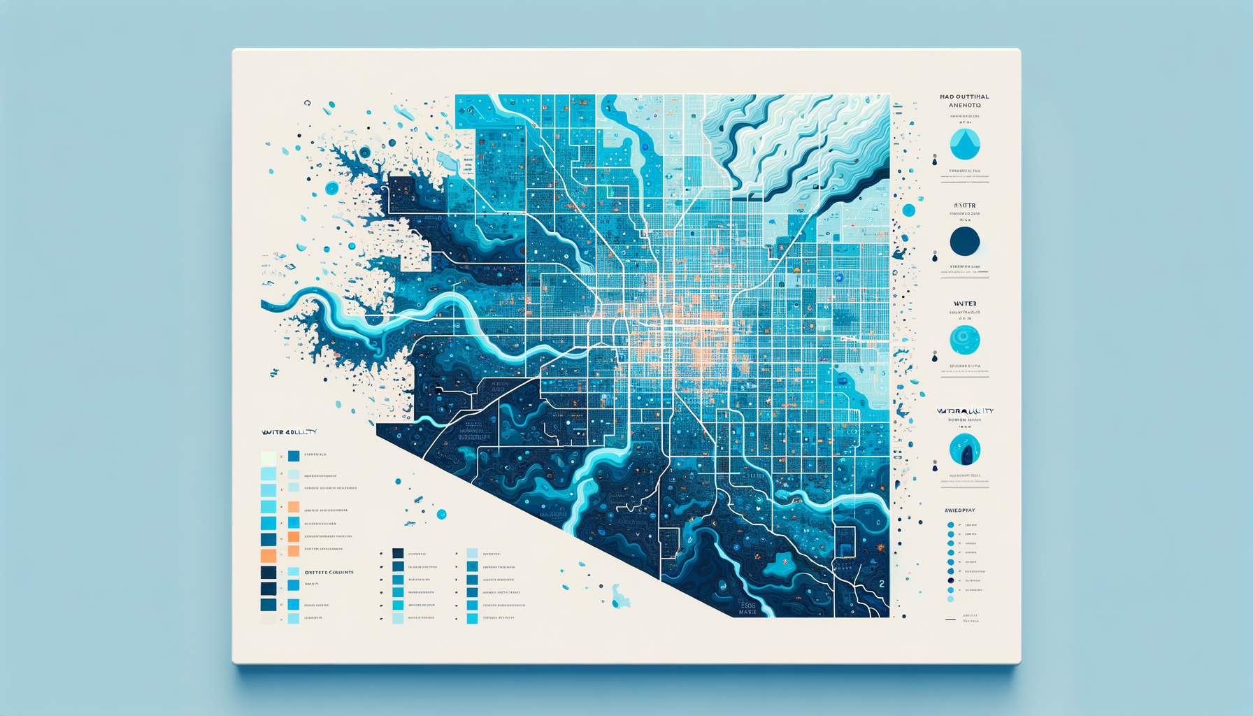 A clean, modern, text-free infographic map of Phoenix, highlighting major water sources and regions with water quality concerns. No text overlays.