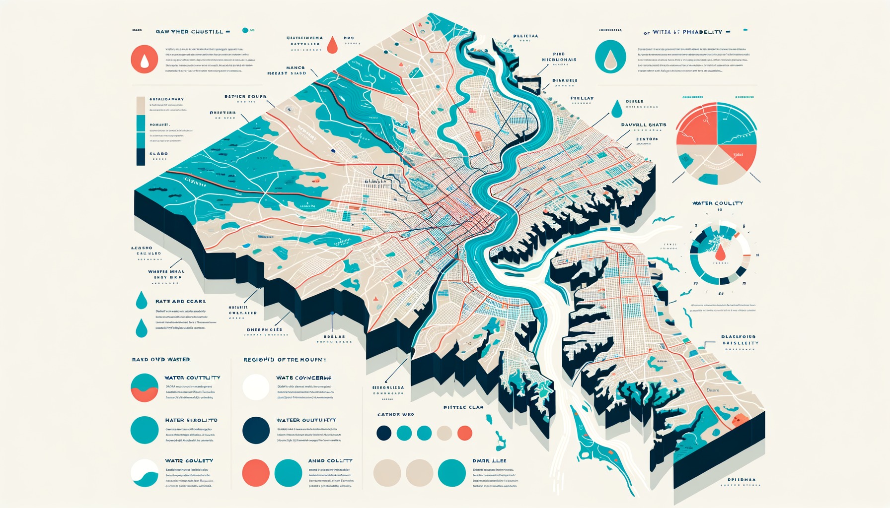 A clean, modern, text-free infographic map of Philadelphia, highlighting major water sources and regions with water quality concerns. No text overlays.