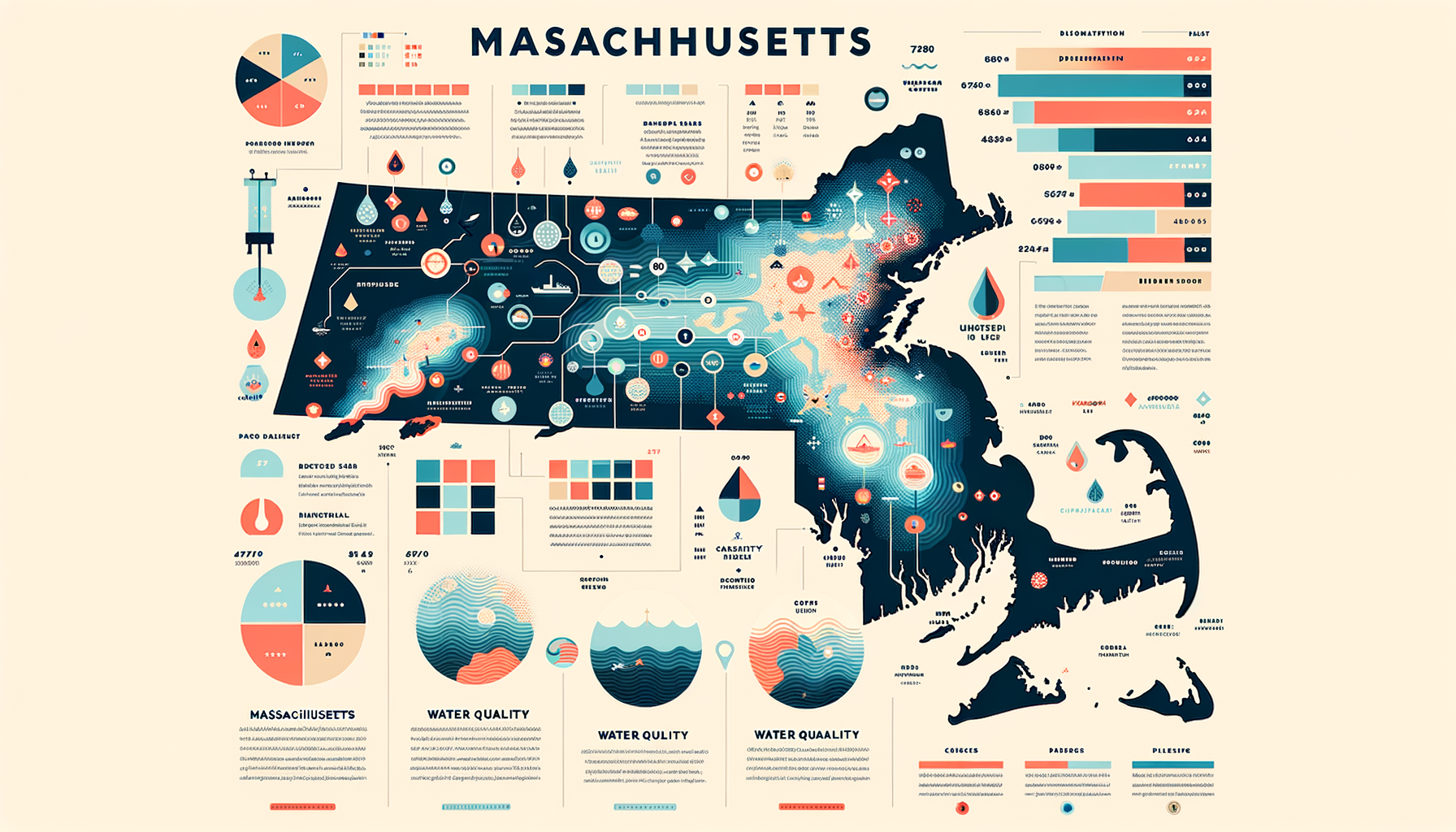 A clean, modern, text-free infographic map of Massachusetts, highlighting major water sources and regions with water quality concerns. No text overlays.