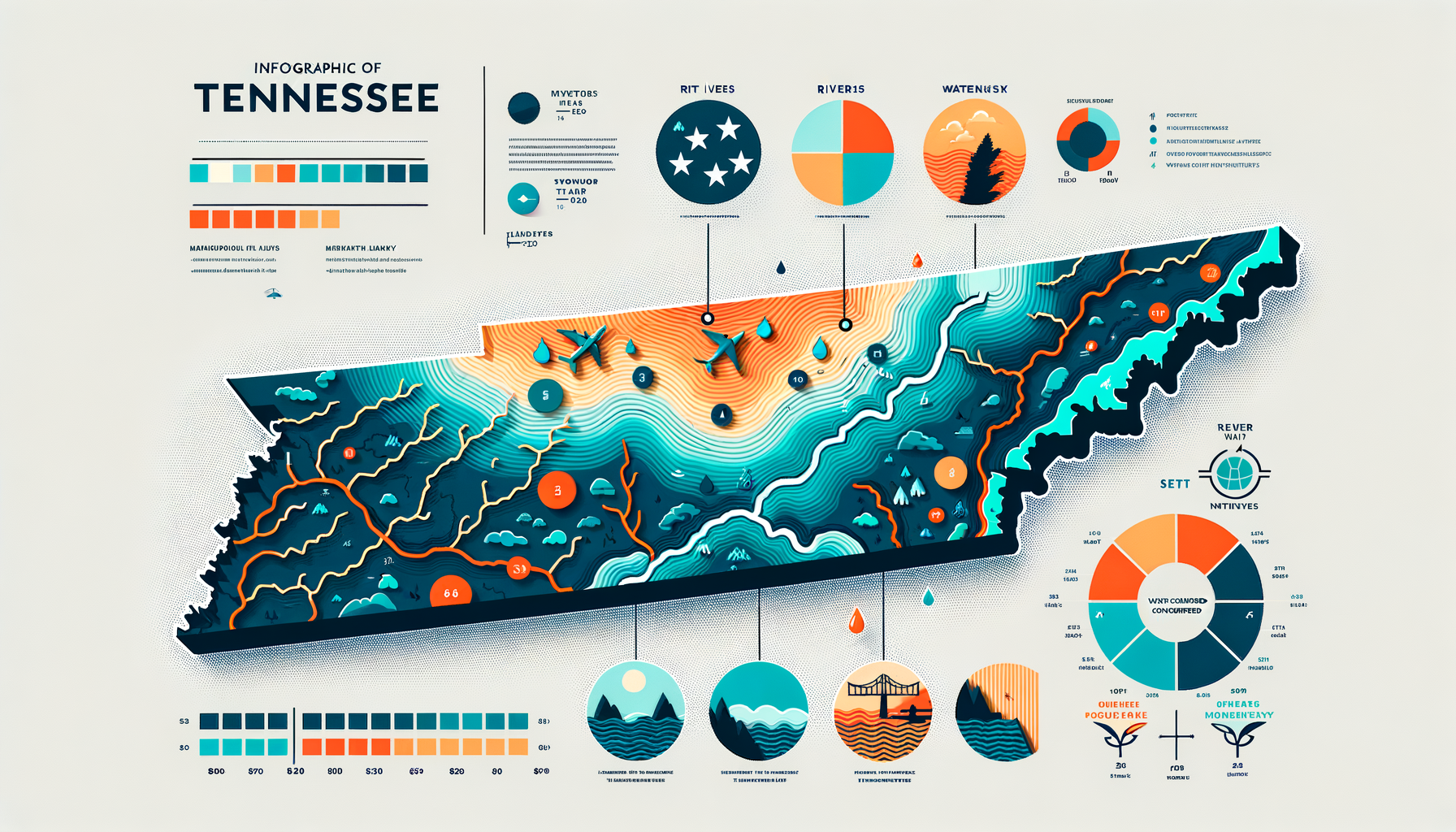 A clean, modern, text-free infographic map of Tennessee, highlighting major water sources and regions with water quality concerns. No text overlays.