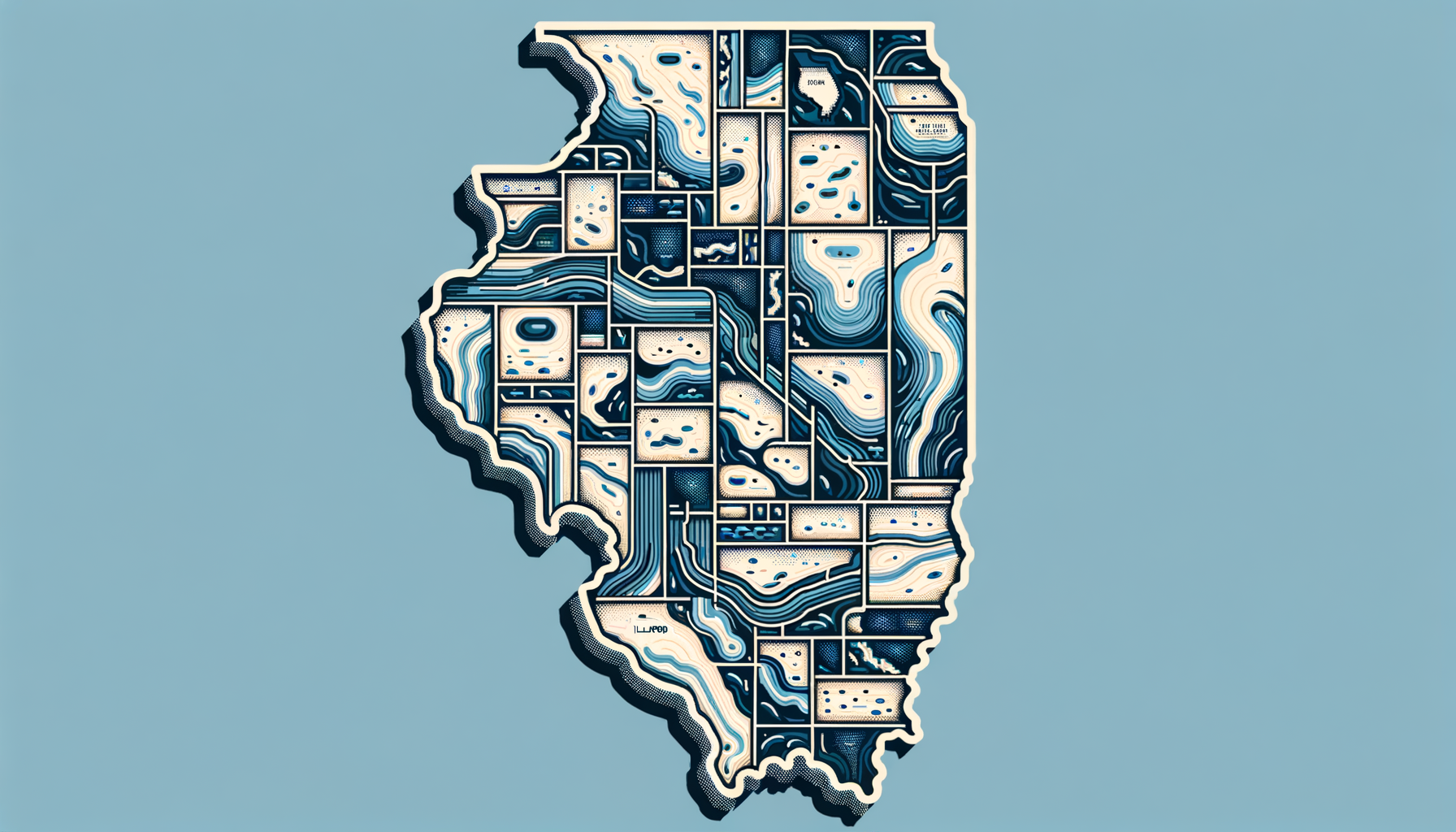 A clean, modern, text-free infographic map of Illinois, highlighting major water sources and regions with water quality concerns. No text overlays.