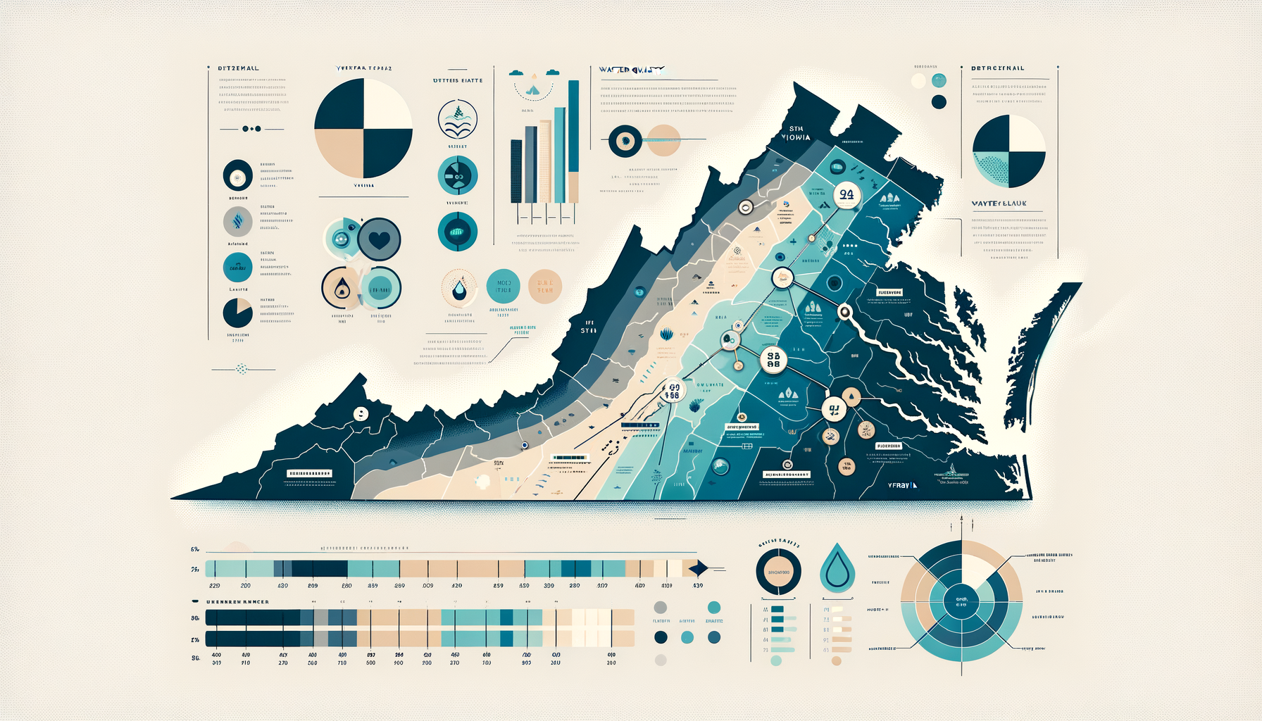 A clean, modern, text-free infographic map of Virginia, highlighting major water sources and regions with water quality concerns. No text overlays.