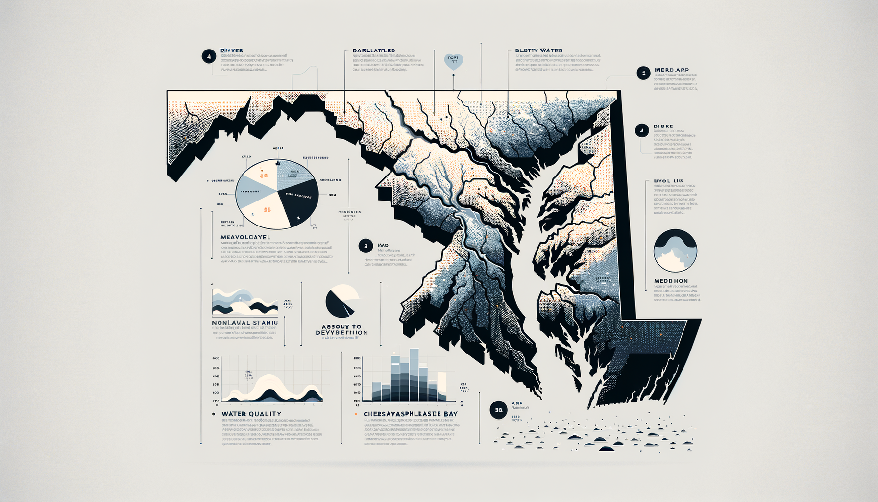 A clean, modern, text-free infographic map of Maryland, highlighting major water sources and regions with water quality concerns. No text overlays.