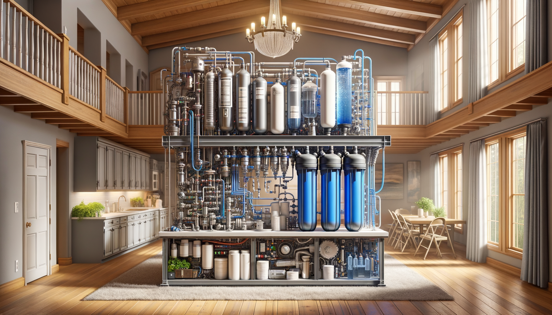 A detailed, photo-realistic shot of a modern water filtration system in a Indiana home, showcasing advanced water treatment technology, no text.