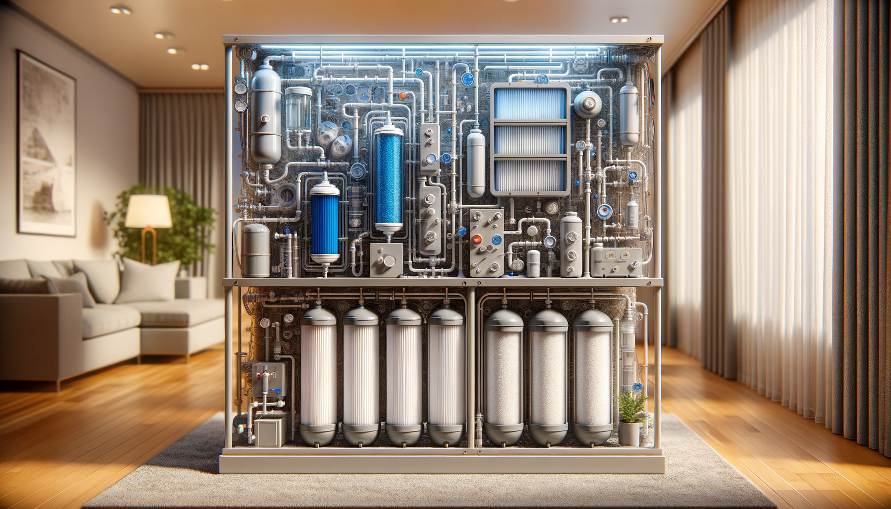 A detailed, photo-realistic shot of a modern water filtration system in a Philadelphia home, showcasing advanced water treatment technology, no text.