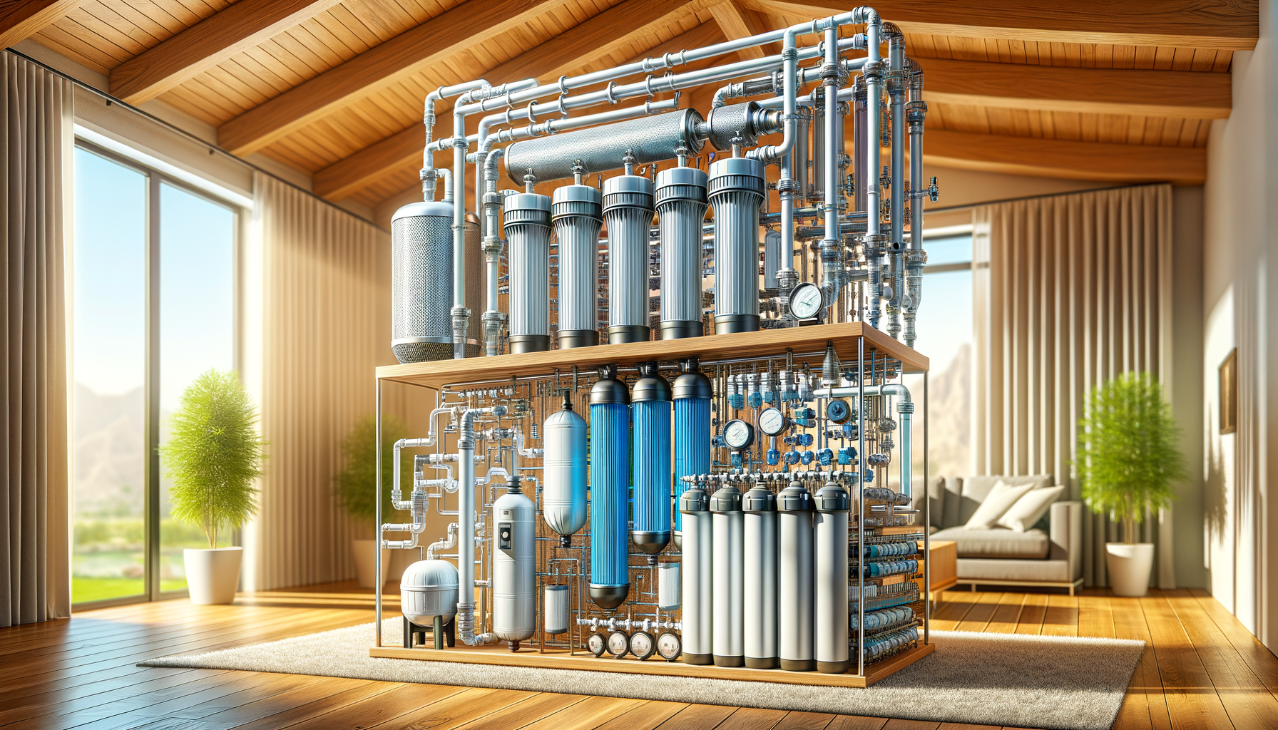 A detailed, photo-realistic shot of a modern water filtration system in a Phoenix home, showcasing advanced water treatment technology, no text.