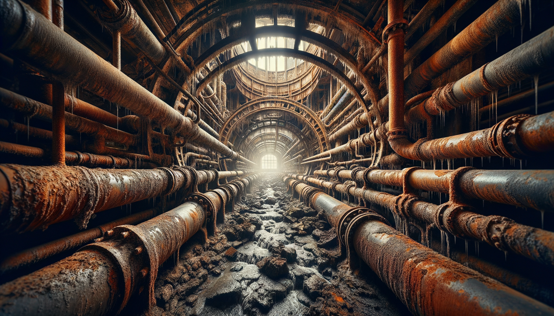 A close-up, high-definition image of heavily corroded pipes in an older Virginia building, demonstrating the impact of aging infrastructure, no text overlays.