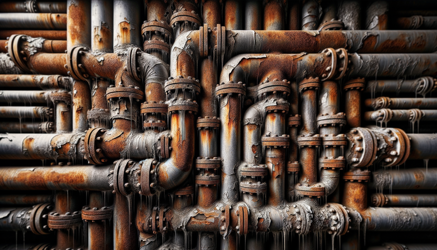 A close-up, high-definition image of heavily corroded pipes in an older Massachusetts building, demonstrating the impact of aging infrastructure, no text overlays.