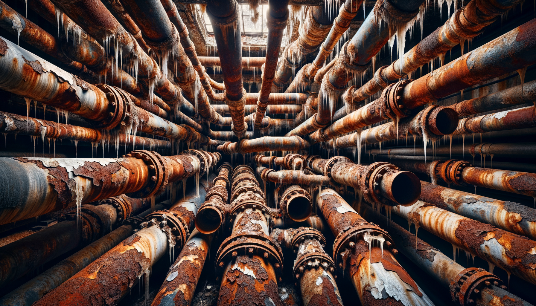 A close-up, high-definition image of heavily corroded pipes in an older Maryland building, demonstrating the impact of aging infrastructure, no text overlays.