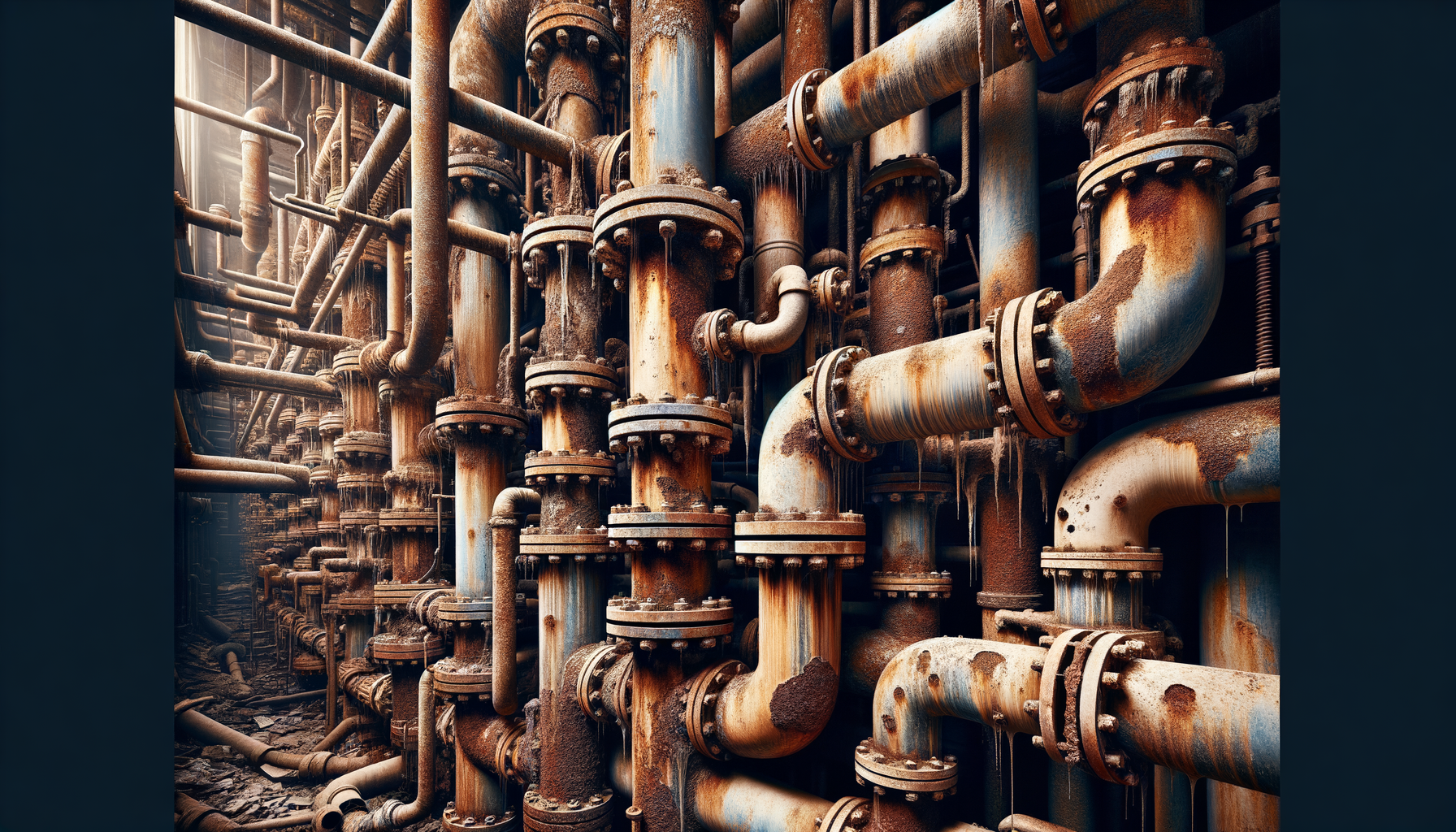 A close-up, high-definition image of heavily corroded pipes in an older Tennessee building, demonstrating the impact of aging infrastructure, no text overlays.