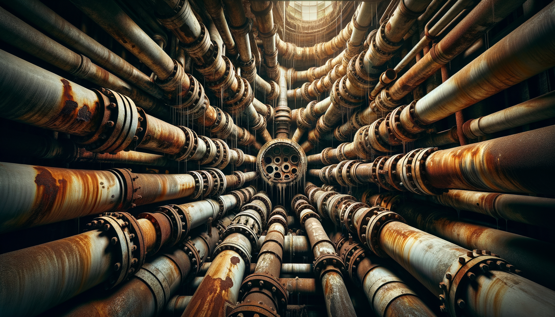 A close-up, high-definition image of heavily corroded pipes in an older Louisiana building, demonstrating the impact of aging infrastructure, no text overlays.