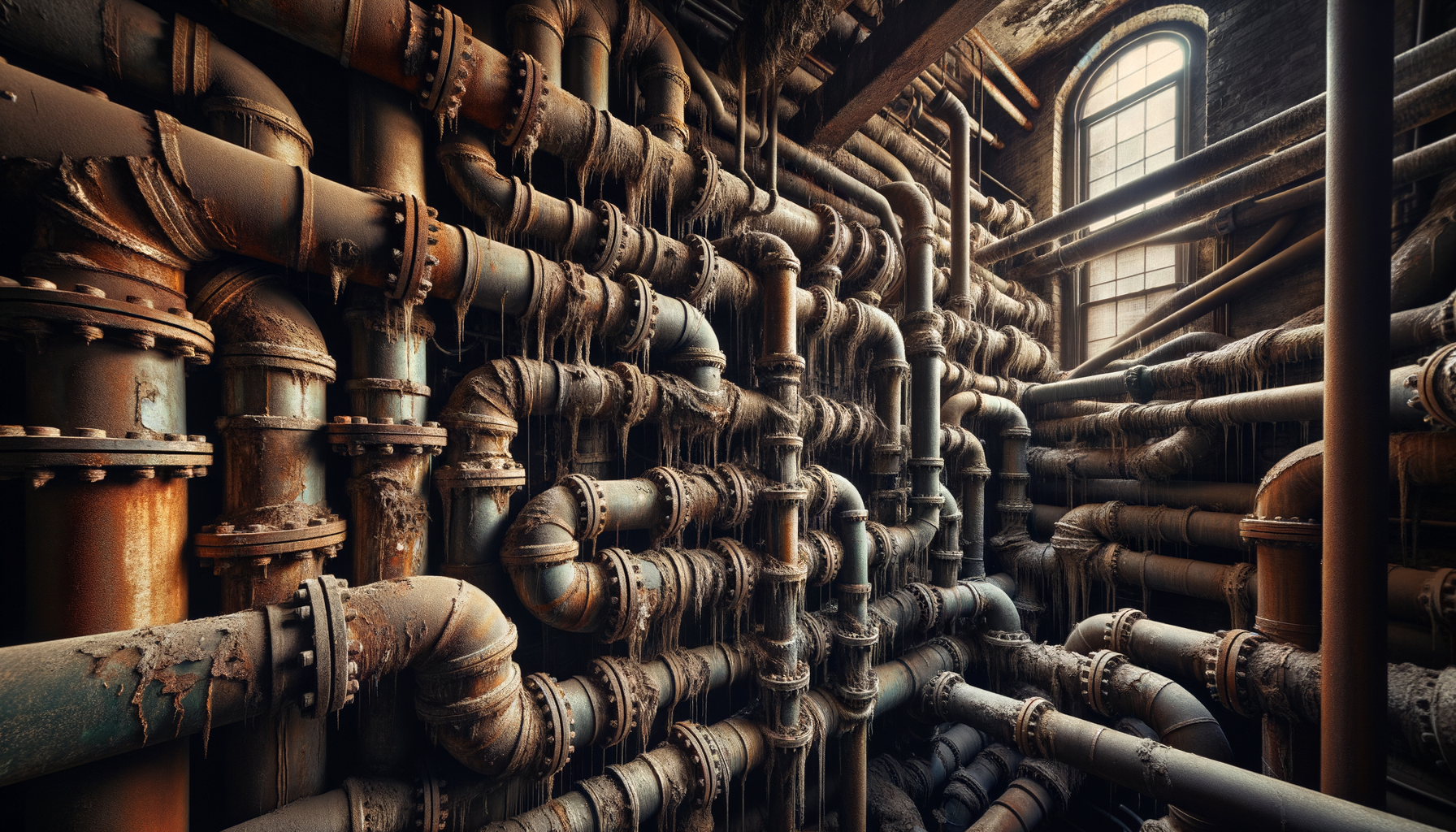 A close-up, high-definition image of heavily corroded pipes in an older Philadelphia building, demonstrating the impact of aging infrastructure, no text overlays.