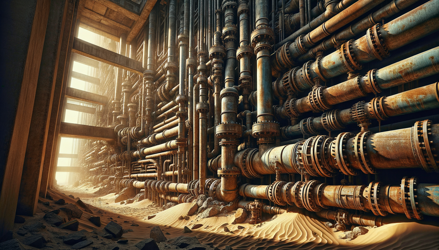 A close-up, high-definition image of heavily corroded pipes in an older Phoenix building, demonstrating the impact of aging infrastructure, no text overlays.