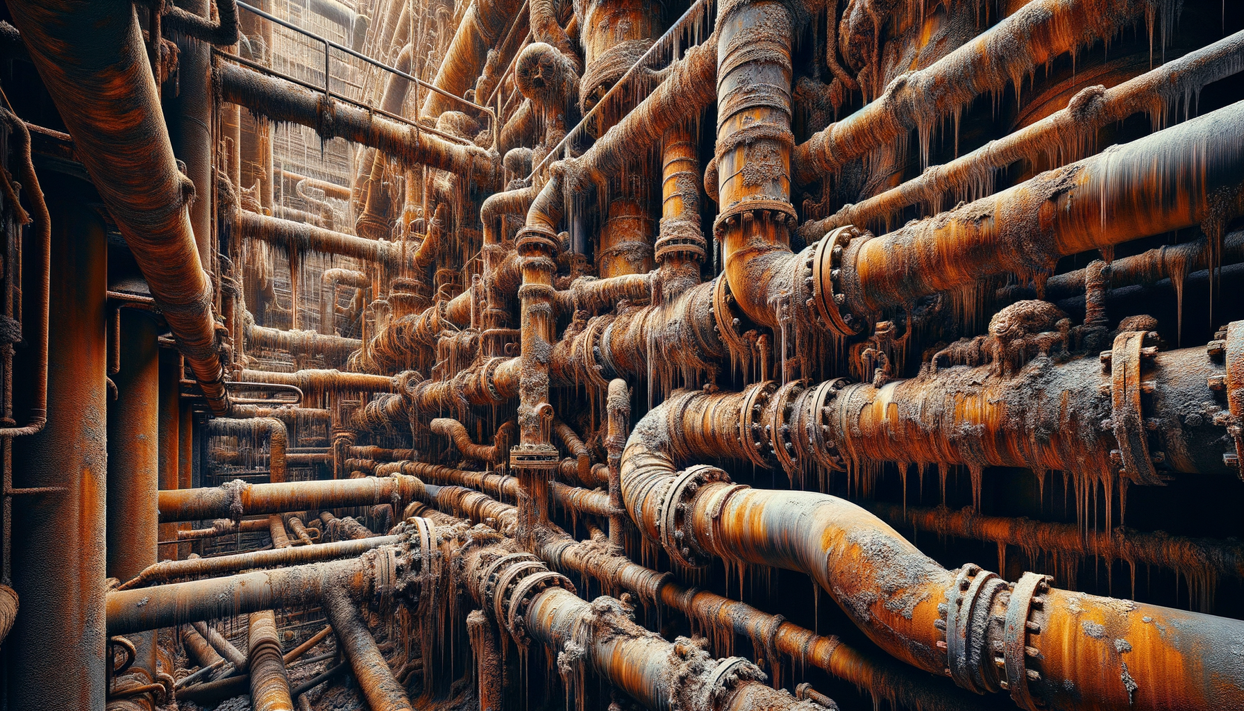 A close-up, high-definition image of heavily corroded pipes in an older Indiana building, demonstrating the impact of aging infrastructure, no text overlays.