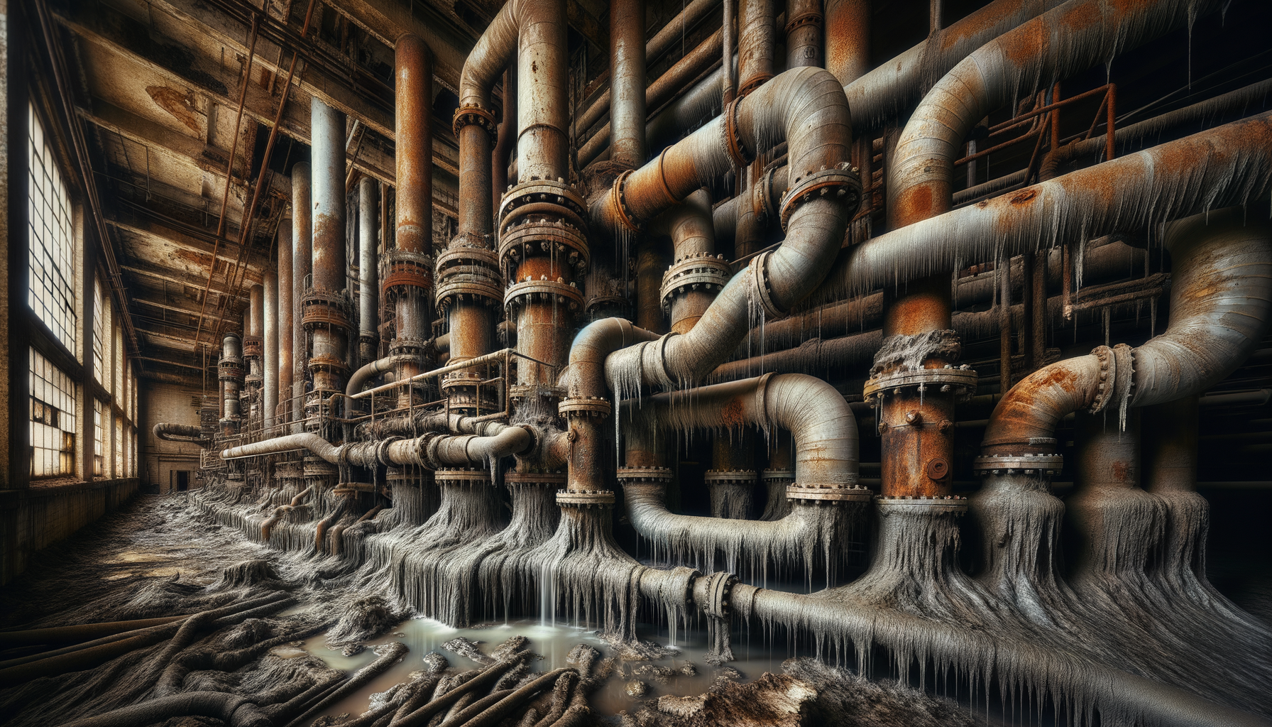 A close-up, high-definition image of heavily corroded pipes in an older Illinois building, demonstrating the impact of aging infrastructure, no text overlays.