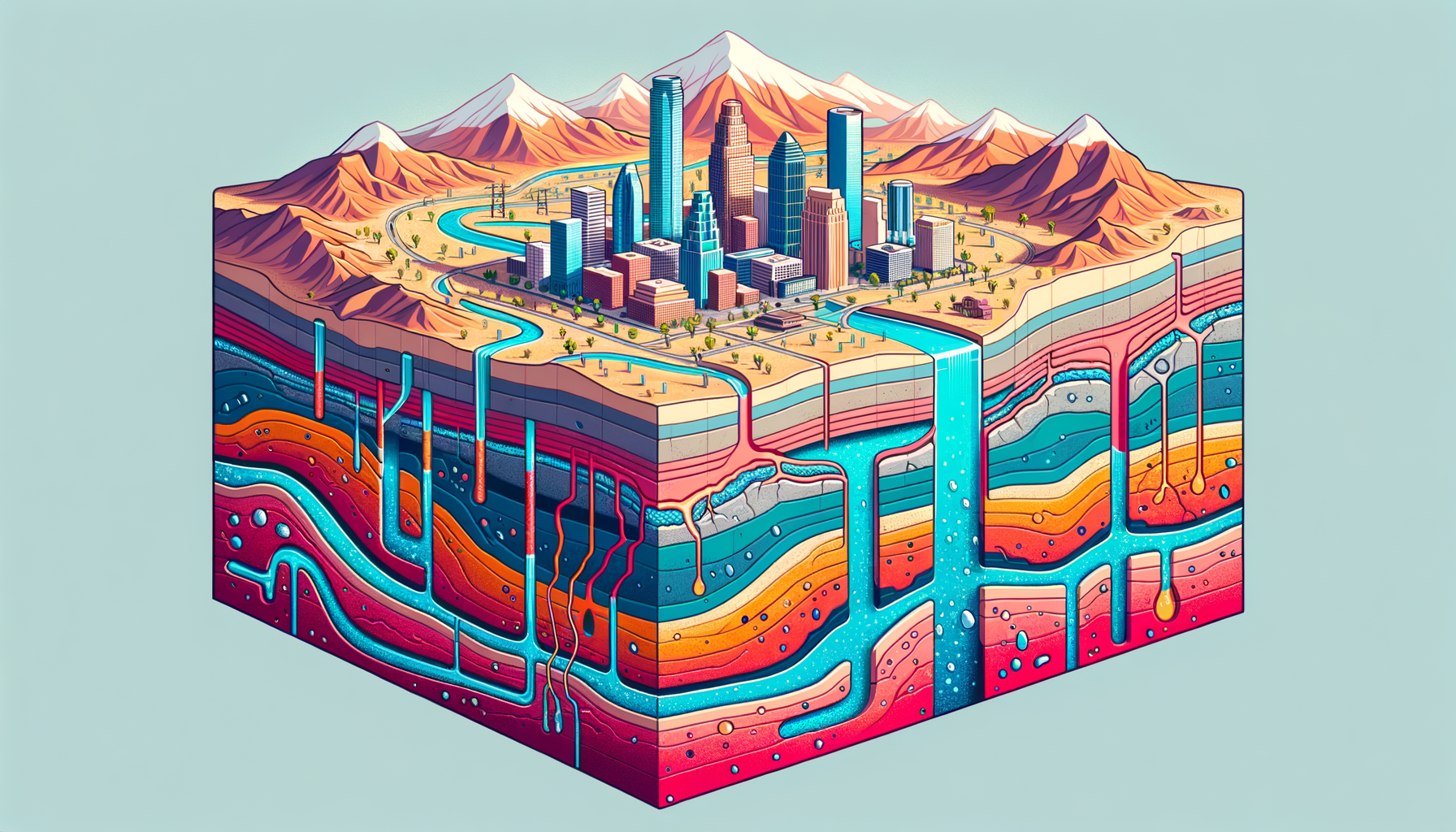 A stylized cross-sectional diagram of Phoenix's geology and aquifers, showing groundwater flow and natural springs, no text or labels.