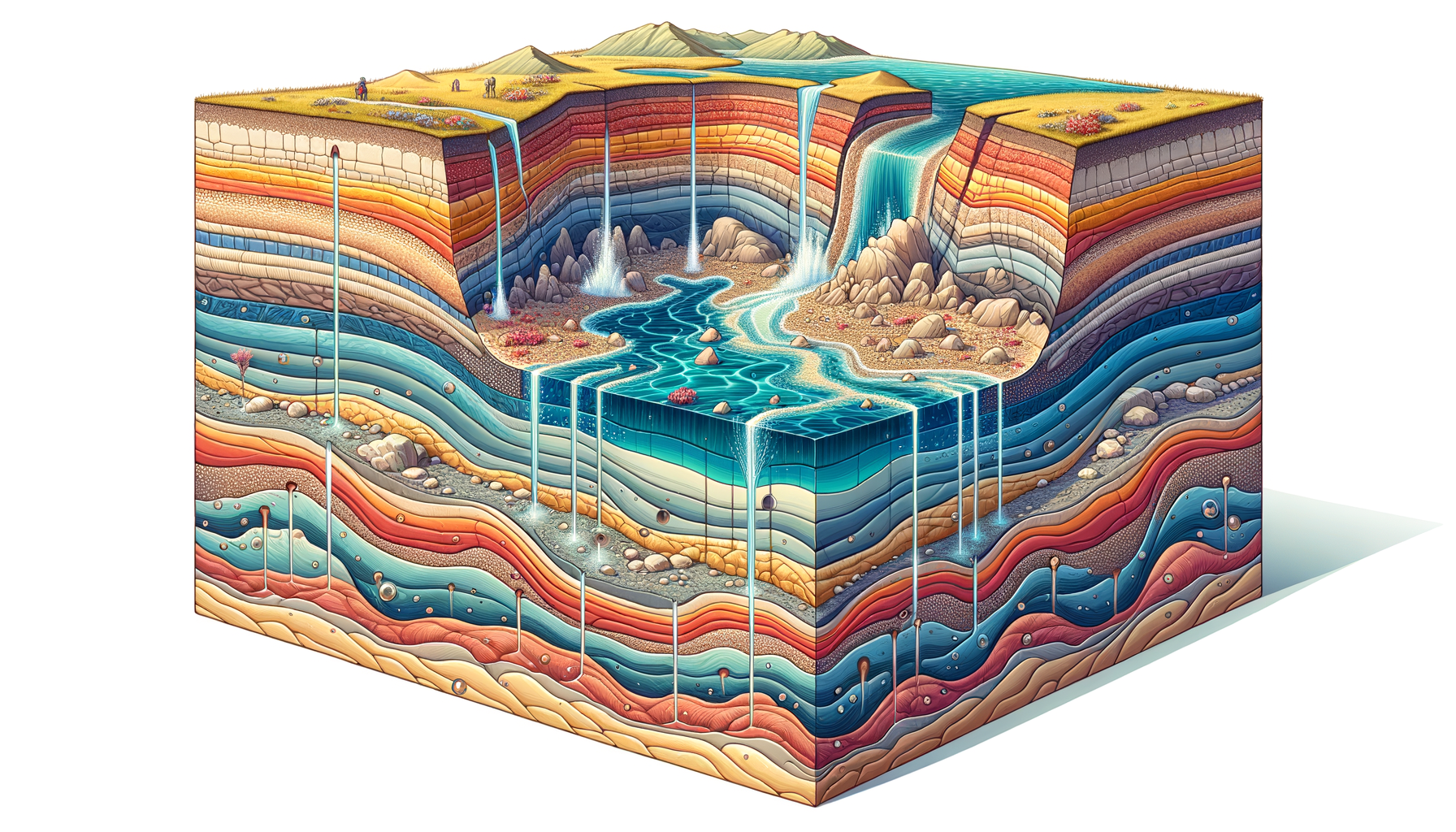 A stylized cross-sectional diagram of Virginia's geology and aquifers, showing groundwater flow and natural springs, no text or labels.