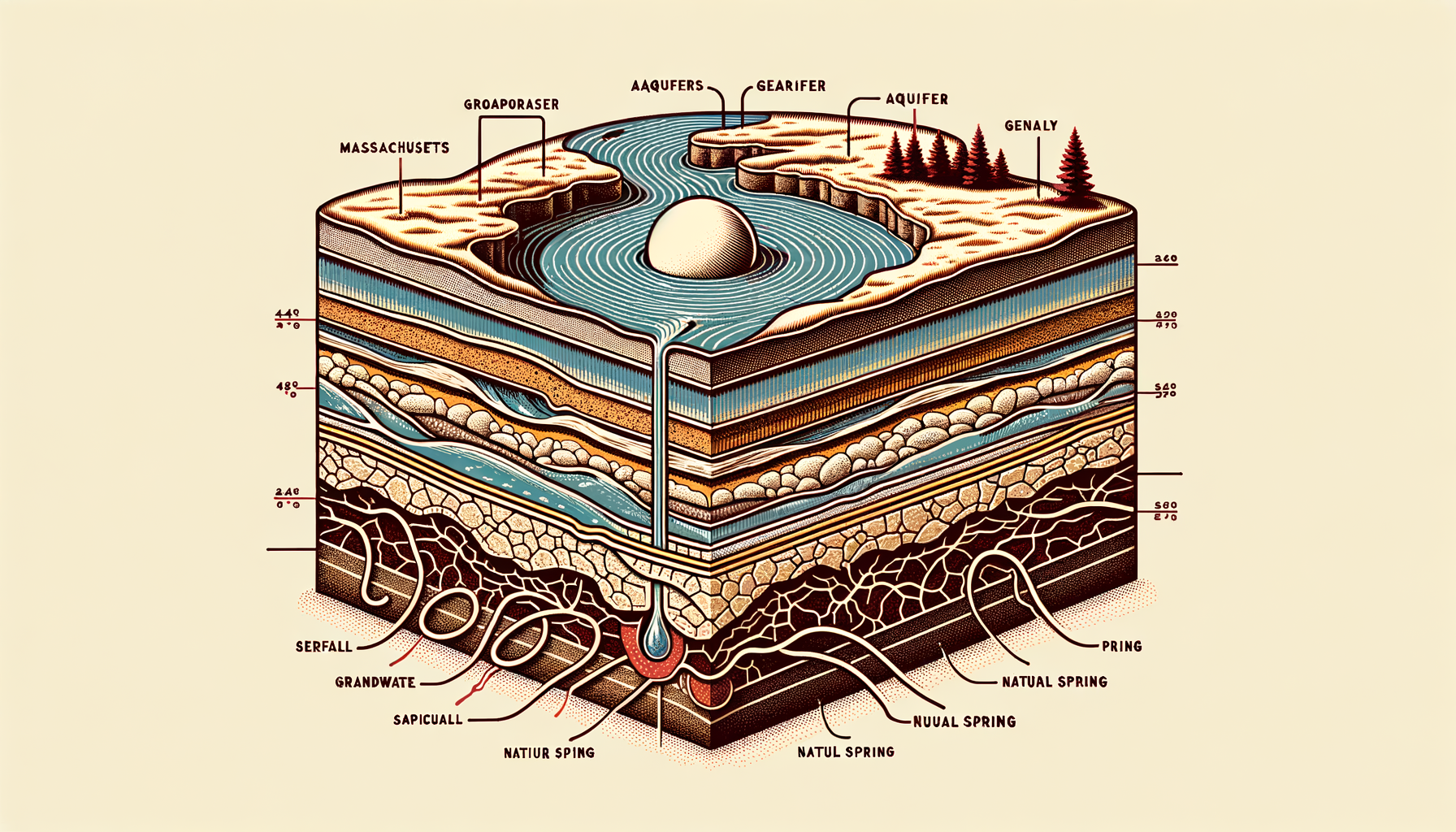 A stylized cross-sectional diagram of Massachusetts's geology and aquifers, showing groundwater flow and natural springs, no text or labels.