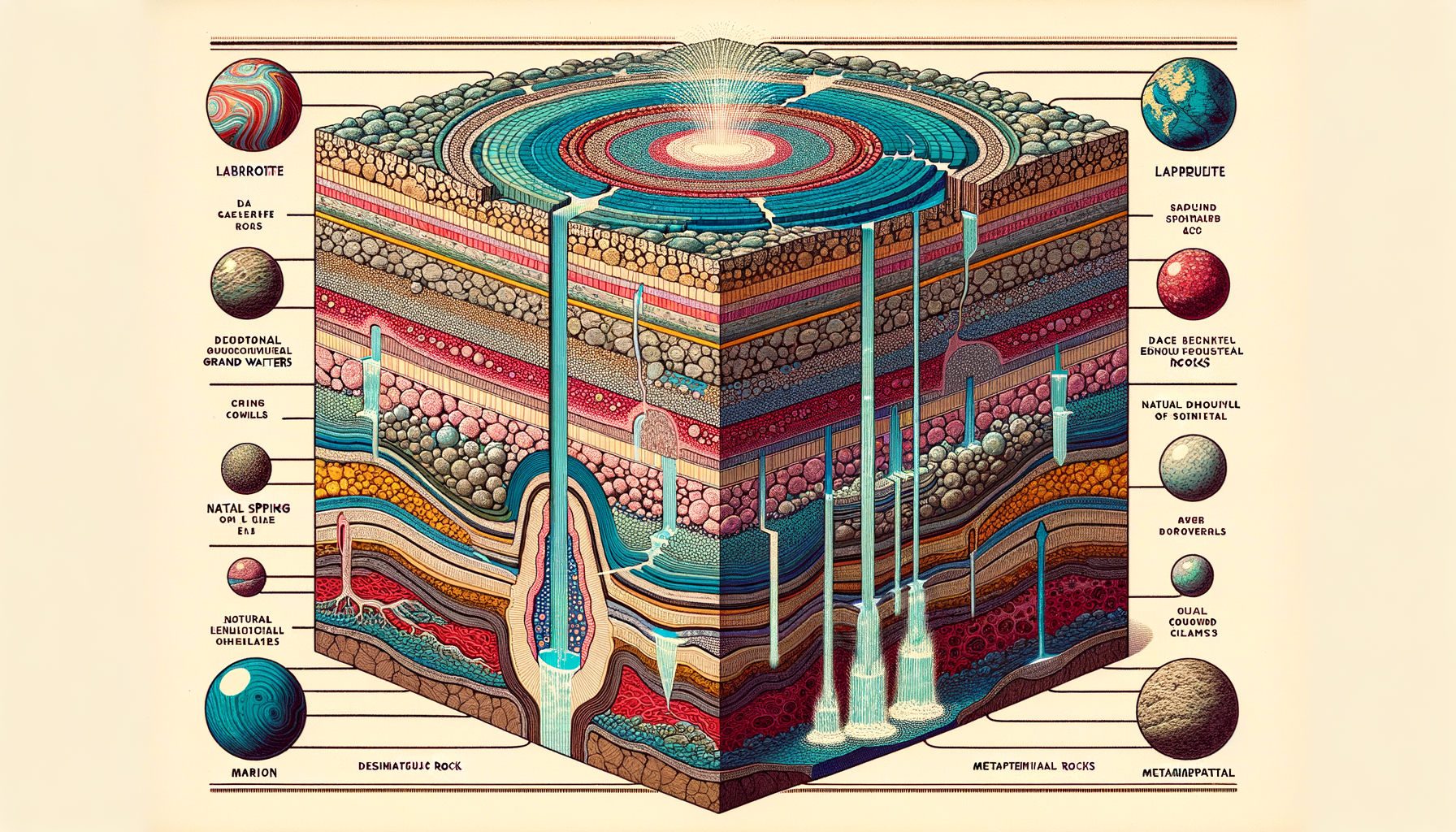 A stylized cross-sectional diagram of Louisiana's geology and aquifers, showing groundwater flow and natural springs, no text or labels.