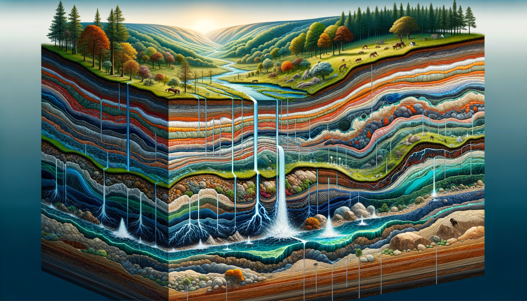 A stylized cross-sectional diagram of Maryland's geology and aquifers, showing groundwater flow and natural springs, no text or labels.