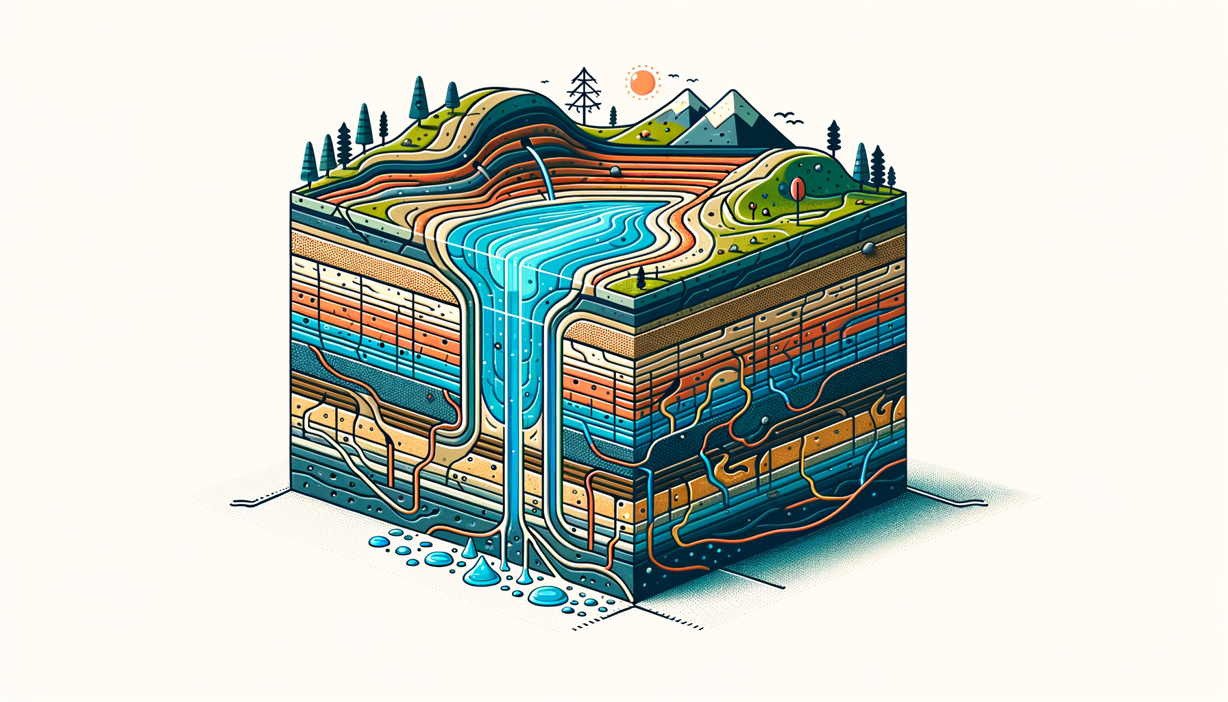 A stylized cross-sectional diagram of West Virgina's geology and aquifers, showing groundwater flow and natural springs, no text or labels.