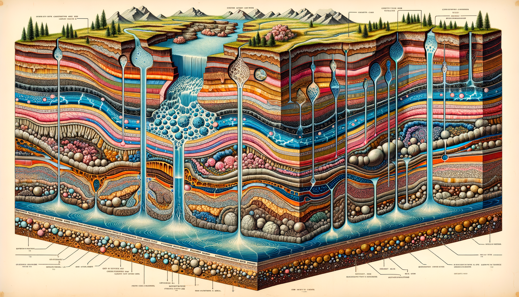 A stylized cross-sectional diagram of Tennessee's geology and aquifers, showing groundwater flow and natural springs, no text or labels.