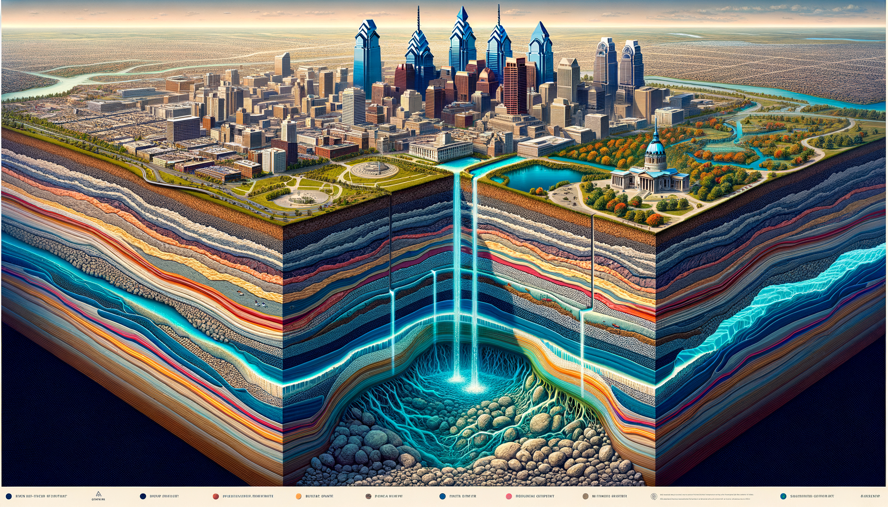 A stylized cross-sectional diagram of Philadelphia's geology and aquifers, showing groundwater flow and natural springs, no text or labels.