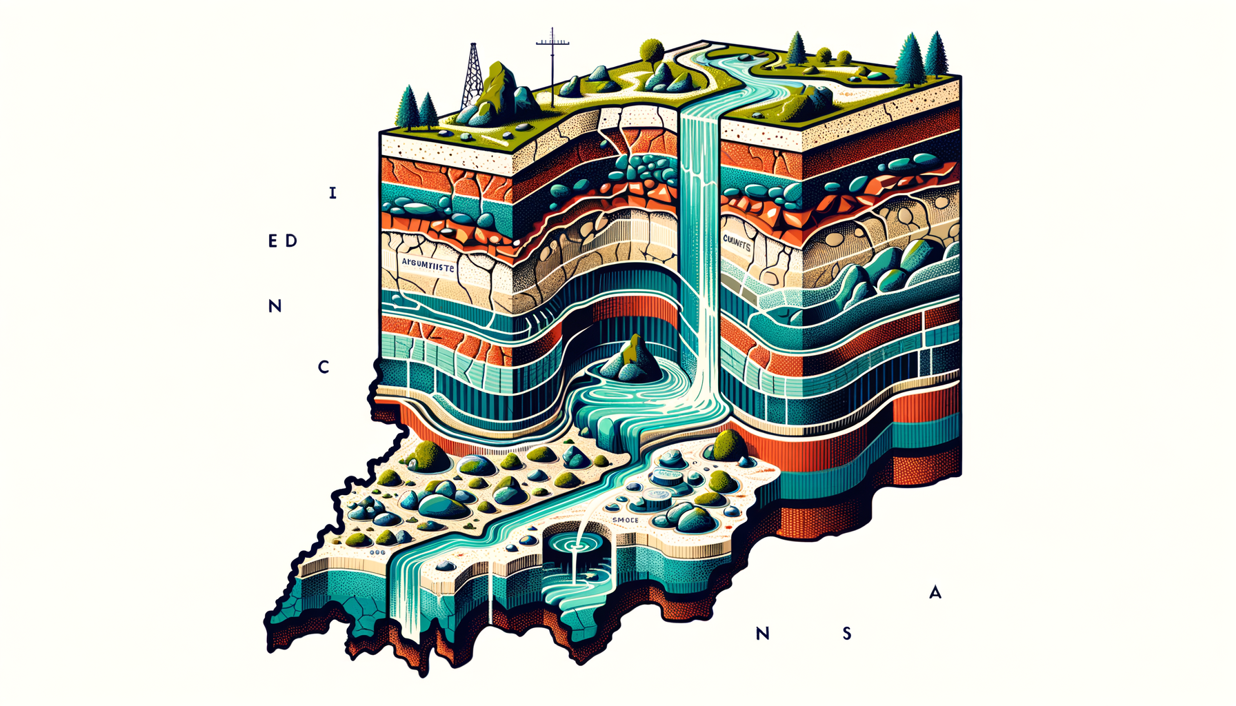 A stylized cross-sectional diagram of Indiana's geology and aquifers, showing groundwater flow and natural springs, no text or labels.