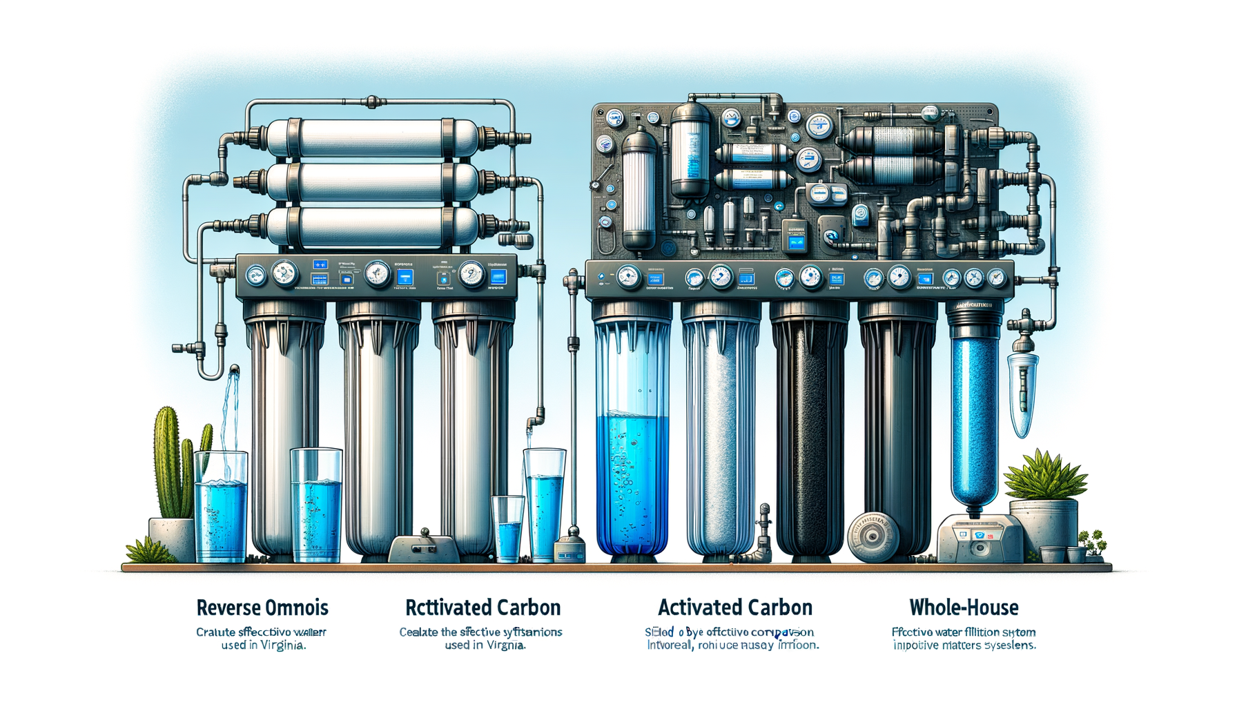 A side-by-side comparison graphic of three water filtration systems effective in Virginia—reverse osmosis, activated carbon, and whole-house—no text or branding.