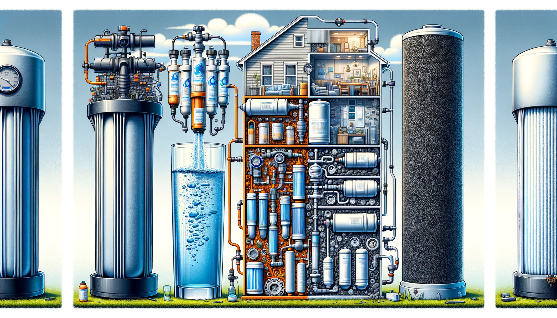 A side-by-side comparison graphic of three water filtration systems effective in Tennessee—reverse osmosis, activated carbon, and whole-house—no text or branding.