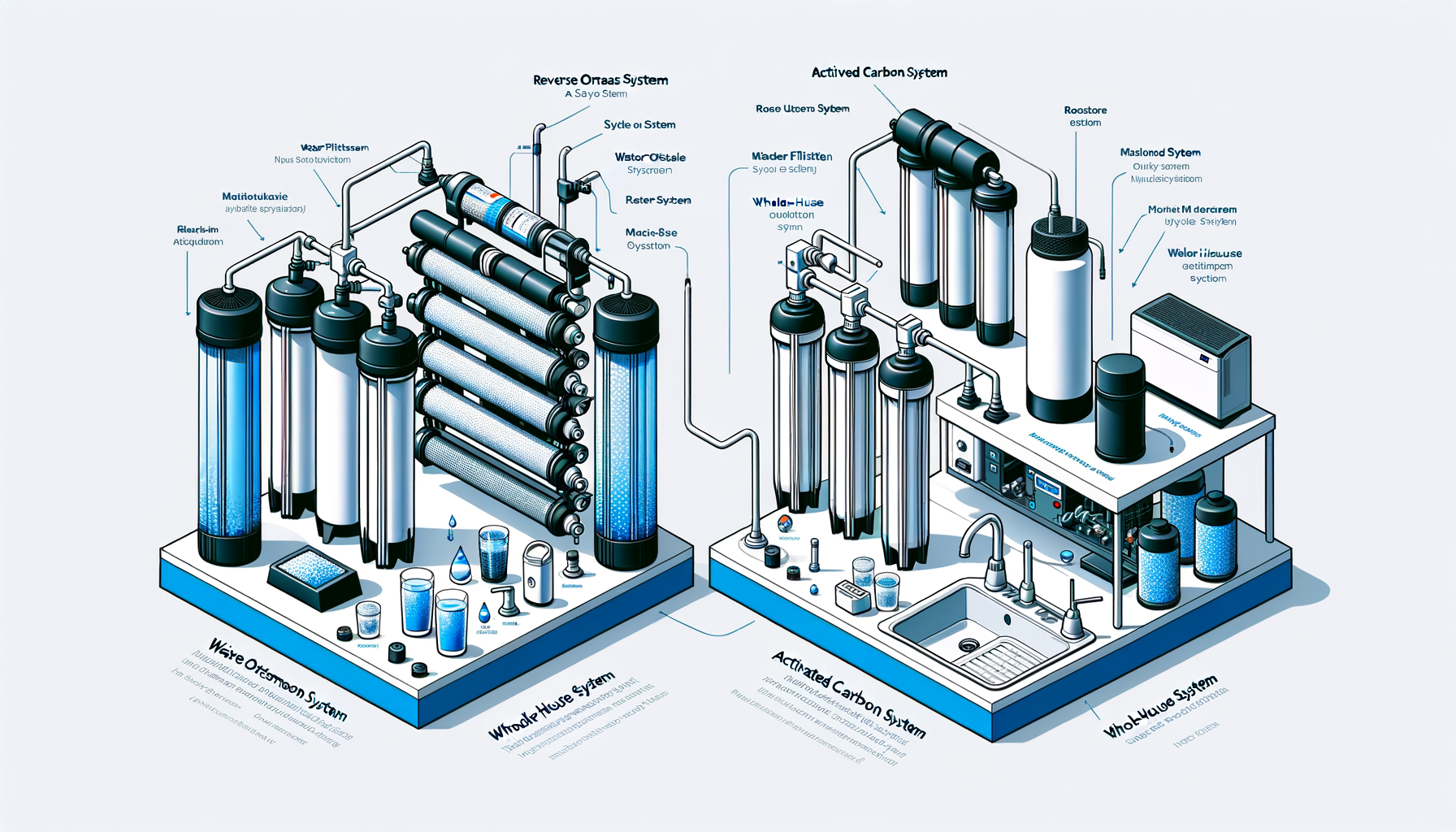 A side-by-side comparison graphic of three water filtration systems effective in Maryland—reverse osmosis, activated carbon, and whole-house—no text or branding.