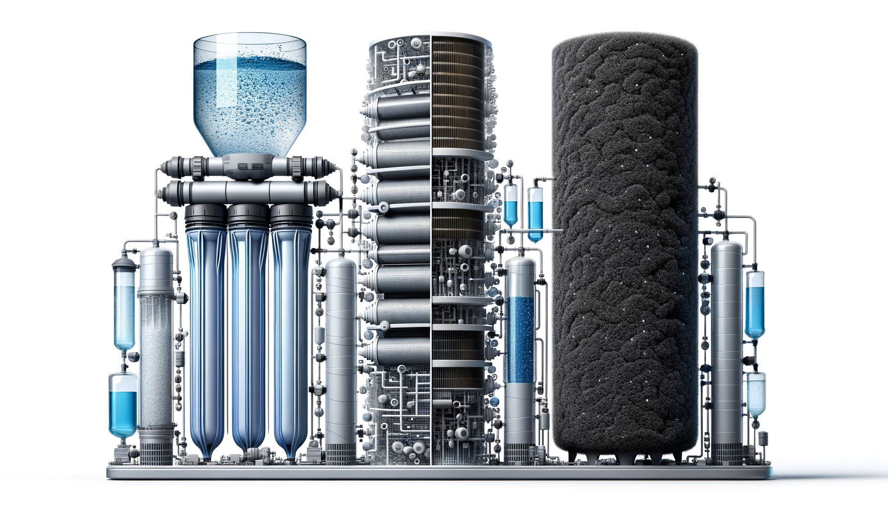 A side-by-side comparison graphic of three water filtration systems effective in Philadelphia—reverse osmosis, activated carbon, and whole-house—no text or branding.