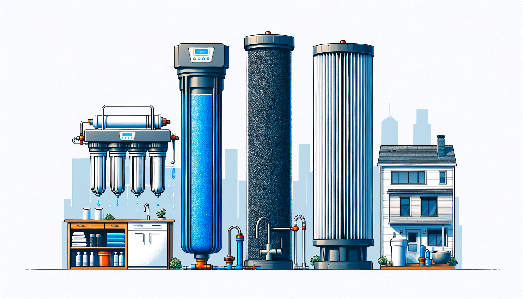 A side-by-side comparison graphic of three water filtration systems effective in Illinois—reverse osmosis, activated carbon, and whole-house—no text or branding.