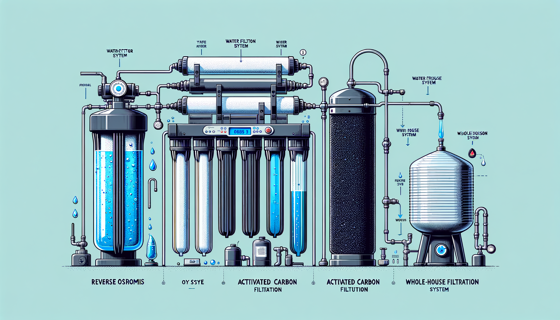 A side-by-side comparison graphic of three water filtration systems effective in Massachusetts—reverse osmosis, activated carbon, and whole-house—no text or branding.