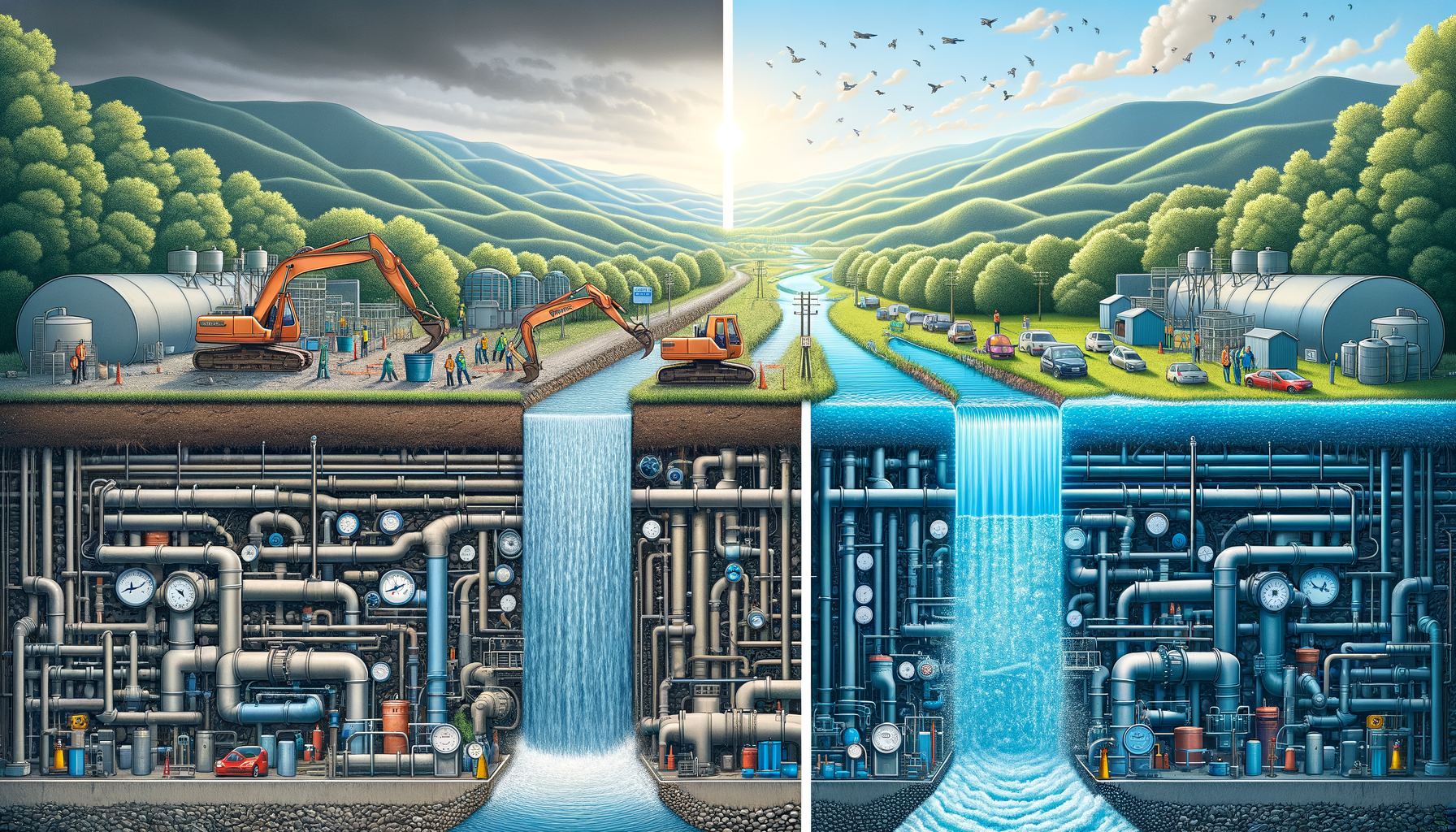 A before-and-after photo sequence of water infrastructure upgrades in Tennessee, highlighting improvements in water quality, no text overlays.