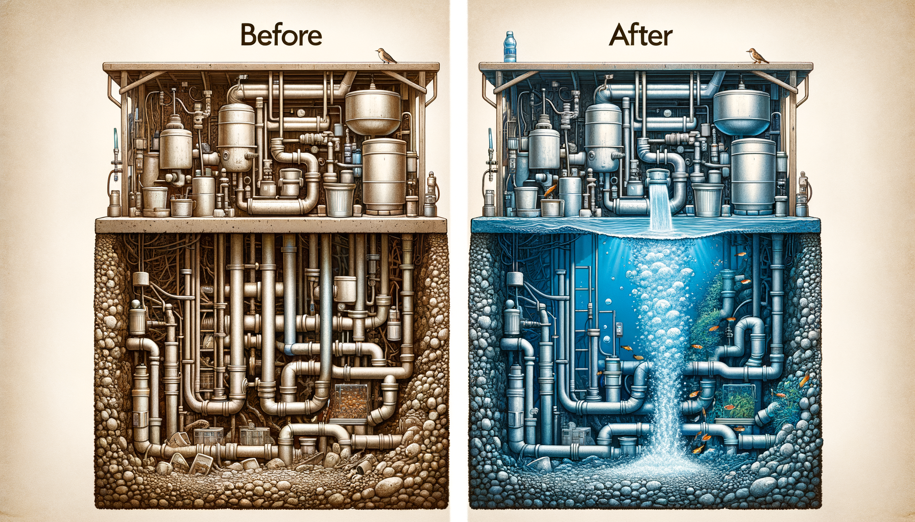 A before-and-after photo sequence of water infrastructure upgrades in Virginia, highlighting improvements in water quality, no text overlays.